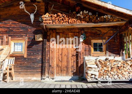 Entrance door to old wooden cabin or blockhouse with firewood for heating at mountain meadow in the austrian alps, Zillertal Austria Stock Photo