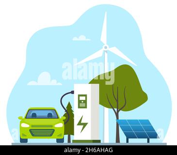Green electric car charging, front view. Ecologically clean transport, eco-city. Electric car charging at the charger station in front of the solar pa Stock Vector