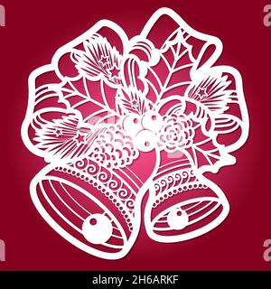 Laser cutting template. Christmas bells with bow and leaves. For cutting from any material. For the design of Christmas cards, invitations, Christmas Stock Vector