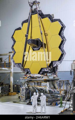 JAMES WEBB TELESCOPE The Primary Mirror  is seven times larger than Hubble's  and features 18 hexagonal gold-plated segments made from beryllium to capture faint infrared light. Photo: NASA