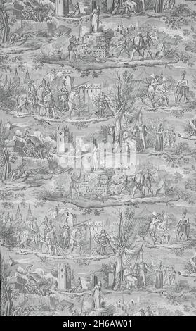La Vie de Jeanne d'Arc (The Life of Joan of Arc) (Furnishing Fabric), Bolbec, after 1817. Joan, wearing armour, conquers Britannia; Joan is burned at the stake. Designed by Charles Abraham Chasselat, manufactured by Fran&#xe7;ois Kettinger et Fils. Stock Photo