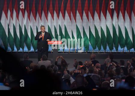 Budapest, Hungary. 14th Nov, 2021. Hungarian Prime Minister Viktor Orban delivers a speech during a congress of Fidesz in Budapest, Hungary, on Nov. 14, 2021. Orban has been re-elected president of the ruling Fidesz party with an overwhelming majority here on Sunday. Credit: Attila Volgyi/Xinhua/Alamy Live News Stock Photo