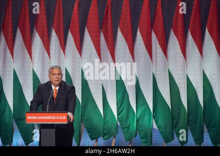 Budapest, Hungary. 14th Nov, 2021. Hungarian Prime Minister Viktor Orban delivers a speech during a congress of Fidesz in Budapest, Hungary, on Nov. 14, 2021. Orban has been re-elected president of the ruling Fidesz party with an overwhelming majority here on Sunday. Credit: Attila Volgyi/Xinhua/Alamy Live News Stock Photo