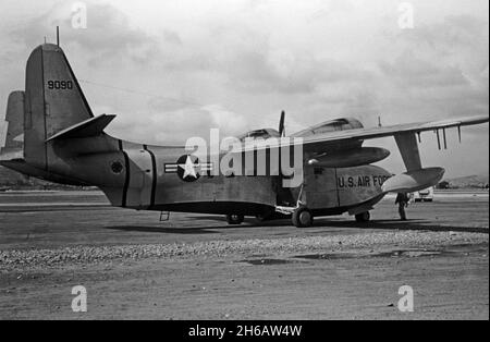 Vintage photograph taken in 1953 or 1954 in Seoul, South Korea, during the Korean War. A Grumman SA-16 Albatross, serial number 49-090, of the United Staes Air Force. Stock Photo