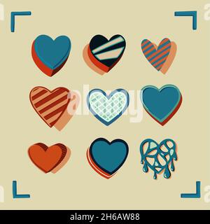 Nine hand drawn vintage colorful hearts vector. Perfect for lettering and heart lovers. Stock Vector
