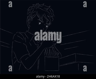 The guy smiles and looks at the phone screen. Communication, acquaintance, online work, technology. Vector graphics hand drawing Stock Vector