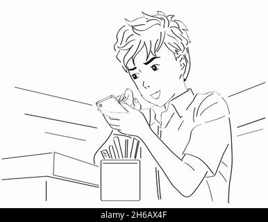 The guy smiles and looks at the phone screen. Communication, acquaintance, online work, technology. Vector graphics hand drawing Stock Vector