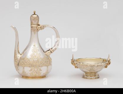 Saracenic Coffee Pot and Sugar Bowl, 1895. Moorish/Middle Eastern design, attributed to Edward C. Moore. Stock Photo