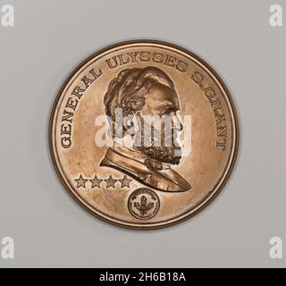 Medal Commemorating Ulysses S. Grant, 1897. Porcelain tea bowl and saucer decorated in polychrome and gold with scene of Crucifixion, with Christ between two thieves, the two Marys and John at the foot of cross and soldiers casting die in foreground. Stock Photo