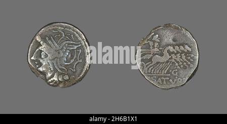Denarius (Coin) Depicting the Goddess Roma, 104 BCE. Stock Photo