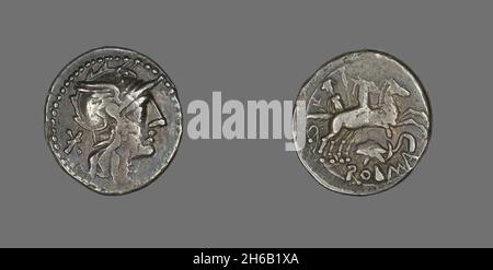 Denarius (Coin) Depicting the Goddess Roma, about 99 BCE. Stock Photo