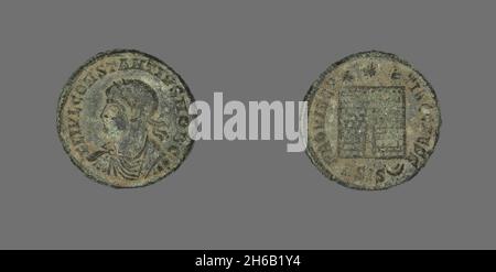 Coin Portraying the Emperor Constantius I, 250-306. Scroll on a cream ground and gold border on top and bottom. Branch depicted in black ink with Chinese characters to the left of the branch. Stock Photo