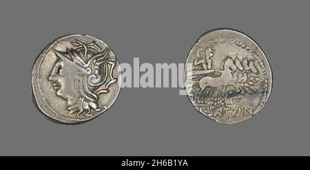 Denarius (Coin) Depicting the Goddess Roma, 104 BCE. Stock Photo