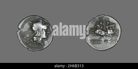 Denarius (Coin) Depicting the Goddess Roma, 136 BCE. Stock Photo