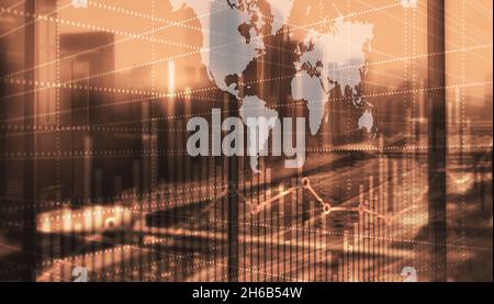 Abstract stock market bar graph on world map background. Stock Photo