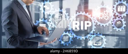 RIP. Businessman pressing virtual screen Routing Information Protocol. Technology networks concept. Stock Photo