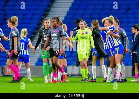 Brighton, UK. 14th Nov, 2021. Brighton players celebrate their win following the FA Women's Super League match between Brighton & Hove Albion Women and Leicester City Women at The Amex on November 14th 2021 in Brighton, England. (Photo by Jeff Mood/phcimages.com) Credit: PHC Images/Alamy Live News Stock Photo