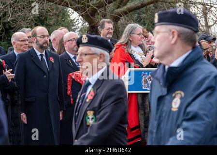 Veterans parading past dignitaries at the Remembrance Sunday service at the War Memorial in Southend on Sea, Essex, UK. Stock Photo