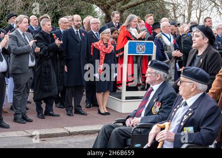 Veterans parading past dignitaries at the Remembrance Sunday service at the War Memorial in Southend on Sea, Essex, UK. Stock Photo