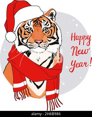 New Year card with a tiger in a New Years hat Stock Vector