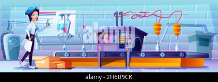 Cartoon factory conveyor belt with glass milk bottles. Woman controlling manufacturing process on transporter production line. Robotic arms pouring dairy products. Smart industrial robot assistants. Stock Vector