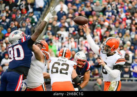 Foxborough, Massachusetts, USA. 14th Nov, 2021. New England Patriots  running back Rhamondre Stevenson (38) and Cleveland Browns free safety John  Johnson III (43) exchange looks in the endzone after a Stevenson's touchdown