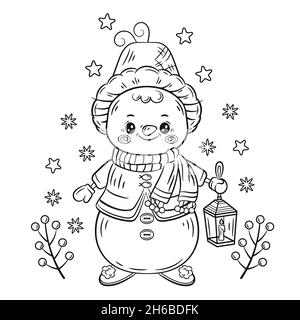Cute winter snowman Christmas children coloring page. Ice snow man from snowballs with carrot, hat. New year holiday character. Black outline vector Stock Vector