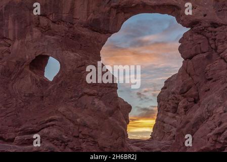 Sunset over Turret Arch in the Arches National Park, USA Stock Photo