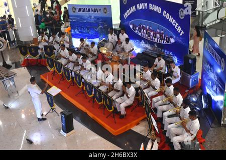 Kolkata, India. 14th Nov, 2021. Indian Navy Naval Band performs inside a shopping mall to commemorate the Golden jubilee of the Nations Victory in the 1971 Indo - Pak war culminating in the liberation of the nation of Bangladesh. (Photo by Sudipta Das/Pacific Press) Credit: Pacific Press Media Production Corp./Alamy Live News Stock Photo