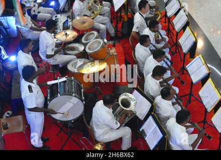 Kolkata, India. 14th Nov, 2021. Indian Navy Naval Band performs inside a shopping mall to commemorate the Golden jubilee of the Nations Victory in the 1971 Indo - Pak war culminating in the liberation of the nation of Bangladesh. (Photo by Sudipta Das/Pacific Press) Credit: Pacific Press Media Production Corp./Alamy Live News Stock Photo