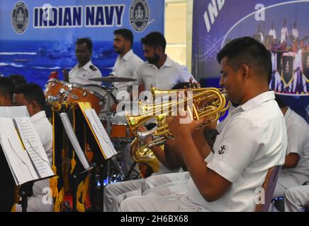 Kolkata, India. 14th Nov, 2021. Indian Navy Naval Band performs inside a shopping mall to commemorate the Golden jubilee of the Nations Victory in the 1971 Indo - Pak war culminating in the liberation of the nation of Bangladesh. (Photo by Sudipta Das/Pacific Press) Credit: Pacific Press Media Production Corp./Alamy Live News Stock Photo