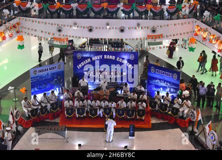 Kolkata, West Bengal, India. 14th Nov, 2021. Indian Navy Naval Band performs inside a shopping mall to commemorate the Golden jubilee of the Nations Victory in the 1971 Indo - Pak war culminating in the liberation of the nation of Bangladesh. (Credit Image: © Sudipta Das/Pacific Press via ZUMA Press Wire) Stock Photo