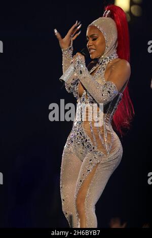 Budapest, Hungary. 14th Nov, 2021. Saweetie performs at the MTV Europe Music Awards in Budapest, Hungary on Sunday, November 14, 2021. Photo by Sven Hoogerhuis/UPI Credit: UPI/Alamy Live News Stock Photo