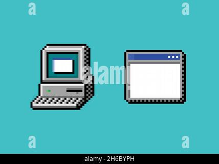 pixel art retro computer monitor with keyboard and opened application and program window terminal, icon asset on blue background Stock Vector