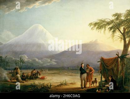 A painting of Alexander von Humboldt and his fellow scientist Aimé Bonpland and the volcano Chimborazo in Ecuador. painting by Friedrich Georg Weitsch Stock Photo