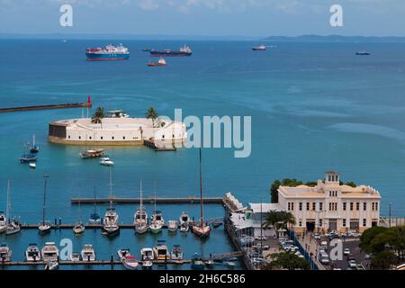 Aerial view of the Fort of São Marcelo in the Bay of All Saints in Salvador Bahia Brazil. Stock Photo