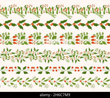 Christmas and New year seamless border set. Winter branch endless horizontal pattern brush. Plant hand drawn laurel, leaf festive xmas doodle vintage collection. For postcard poster textile, fabric Stock Vector