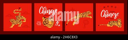 Chinese New Year 2022 greeting card illustration set.  Traditional hand drawn tigers cartoon on red background. Symbol translation: tiger, holiday wis Stock Vector