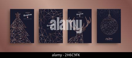 Merry Christmas and Happy New Year abstract deco copper design set with reindeer in outline style. Ideal for holiday greeting card, poster, campaign o Stock Vector