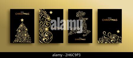 Merry Christmas greeting card illustration set in gold and black with reindeer silhouette. Ideal for holiday greeting card, poster or web. Stock Vector