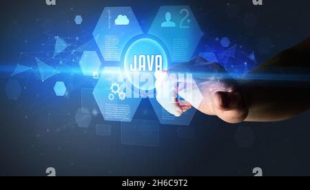 Hand touching digital button concept Stock Photo