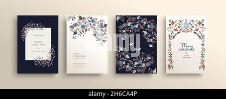 Merry Christmas Happy New Year holiday party invitation template. Invite set with cute winter doodle decoration of birds and leaves. Stock Vector