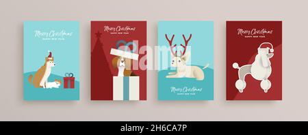 Merry Christmas Happy New Year greeting card set with funny dog illustrations in flat art style. Includes beagle, shiba inu and poodle breeds Stock Vector