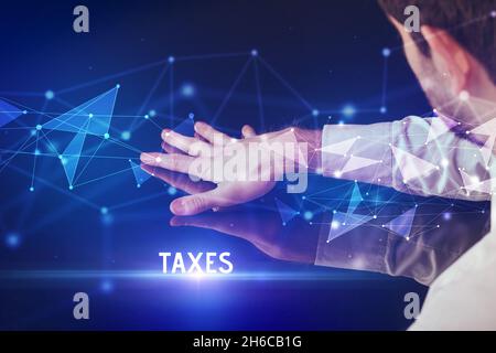 Businessman touching huge screen concept Stock Photo