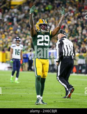 Green Bay, Wisconsin, USA. 28th Nov, 2021. Green Bay Packers cornerback  Rasul Douglas (29) pick six during the NFL football game between the Los  Angeles Rams and the Green Bay Packers at