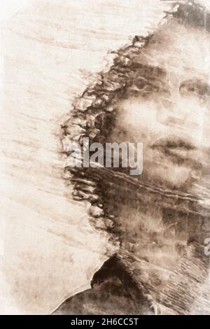 A digitized, oil painting portrait of a woman looking away from camera/artist. Stock Photo
