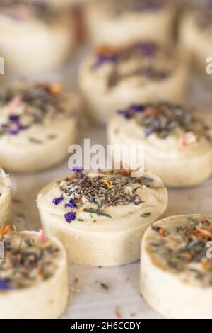 Handcrafted lavender soap with flowers close-up Stock Photo