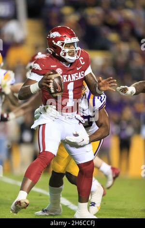 Arkansas quarterback KJ Jefferson (1) is sacked by BYU linebacker Max ...