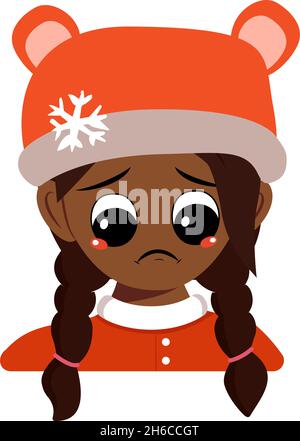 Girl of African American or Latin nationality with sad emotions, depressed face, down eyes in bear hat with snowflake. Cute baby melancholy expression in winter headdress. Head of adorable child Stock Vector