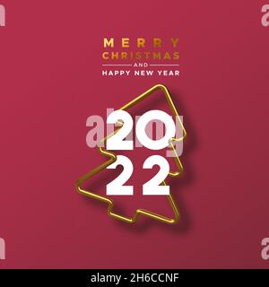 Merry Christmas Happy New Year 2022 greeting card of realistic 3d gold pine tree frame on festive red background with calendar date numbers for holida Stock Vector